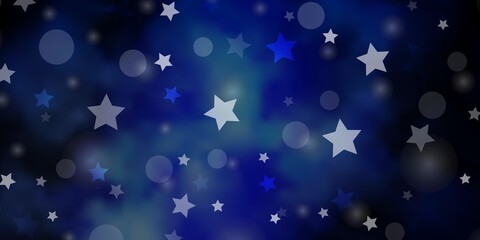 Dark BLUE vector layout with circles, stars. Abstract illustration with colorful spots, stars. Pattern for design of fabric, wallpapers.