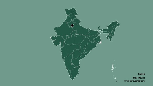 Bihar, state of India, with its capital, localized, outlined and zoomed with informative overlays on a administrative map in the Stereographic projection. Animation 3D