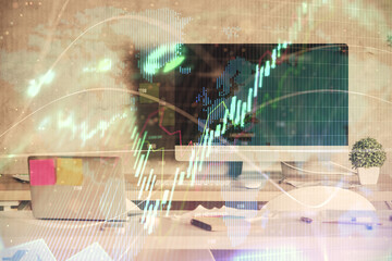 Multi exposure of financial graph drawing and office interior background. Concept of market...