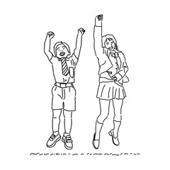 a pair of elementary school students jump happily Monoline Illustration
