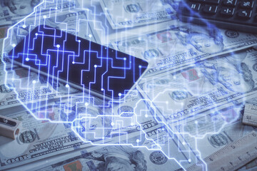 Double exposure of brain drawing over us dollars bill background. Technology concept.