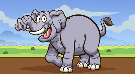 Happy cartoon gray elephant walking on a savanna background. Vector clip art illustration with simple gradients. Some elements on separate layers. 
