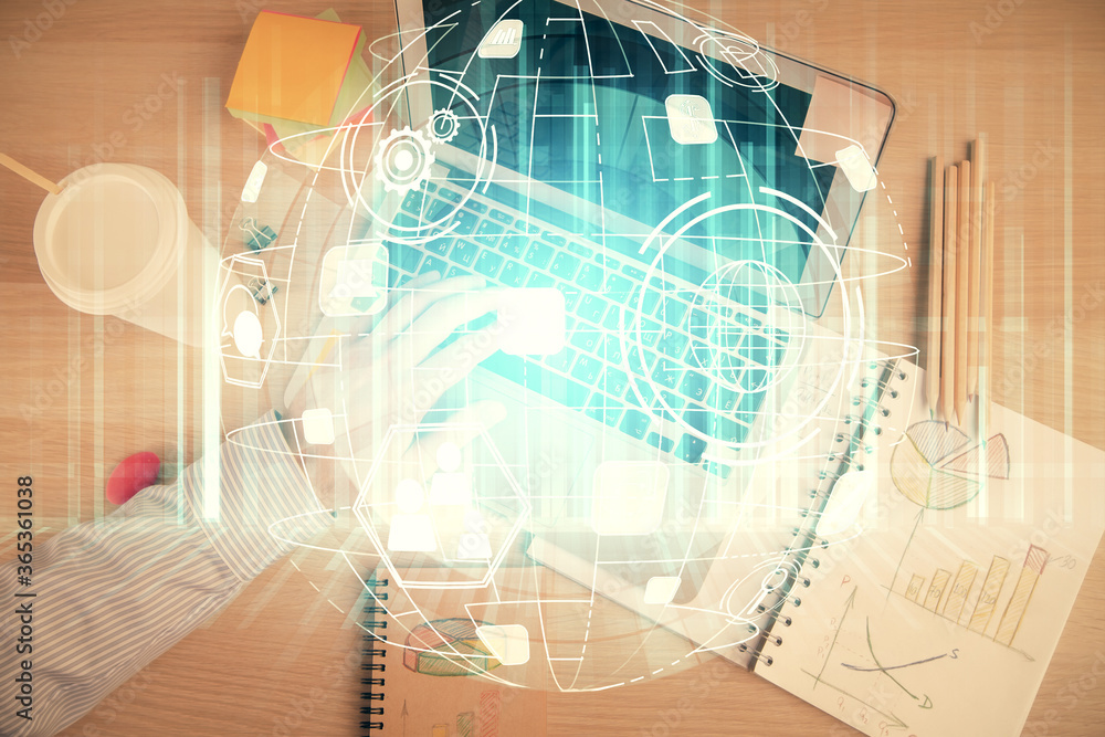 Poster double exposure of man's hands typing over computer keyboard and social network theme hologram drawi