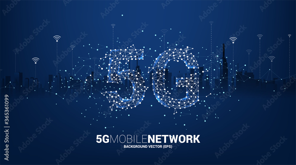 Poster Vector Polygon dot connect line shaped 5G mobile networking with city background. Concept for mobile sim card technology and network.