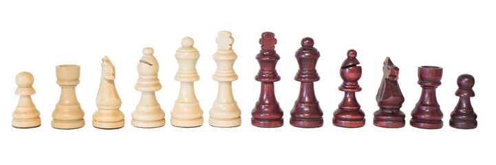 Chess Strategy Board Game Piece Set Lined up Pieces Isolated White Background Easy to Edit