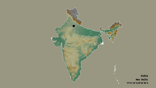 Gujarat, state of India, with its capital, localized, outlined and zoomed with informative overlays on a relief map in the Stereographic projection. Animation 3D