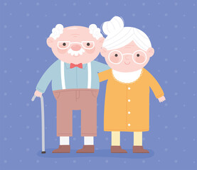 happy grandparents day, grandpa with walk stick and grandma character cartoon card