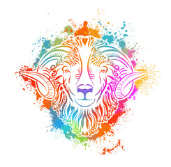 Zodiac signs - Aries colored . T-shirt print. Vector illustration. Mixed media