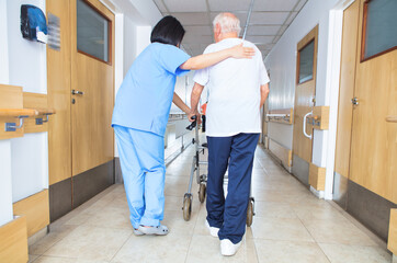 Asian nurse assisting elderly man with walker walking on the hospital floor, back view
