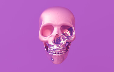 Human scull 3d rendering. Glossy death's-head on purple background