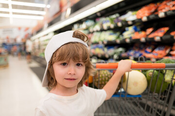 Smiling american kid with shopping trolley with in grocery store. Supermarket, Shopping with Child.