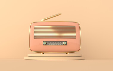 Vintage style radio receiver on podium. Pastel colors and golden details. Retro radio realistic 3d render