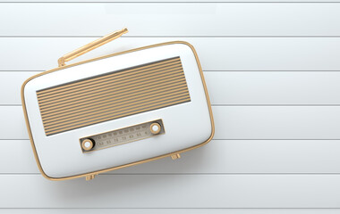 Vintage style radio receiver on white floor, flat lay. Whitel color and golden details. Retro radio realistic 3d render