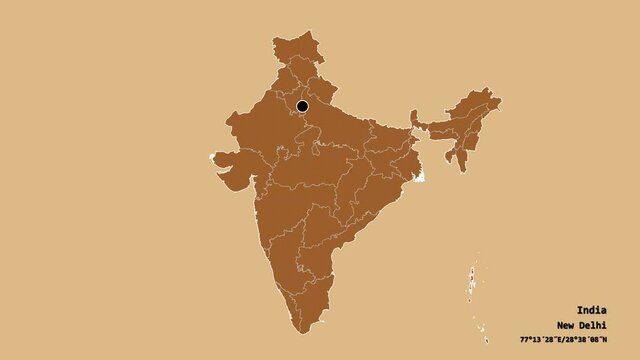 Manipur, state of India, with its capital, localized, outlined and zoomed with informative overlays on a solid patterned map in the Stereographic projection. Animation 3D