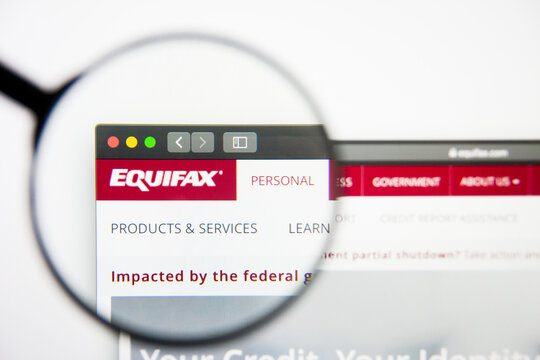 Los Angeles, California, USA - 28 February 2019: Equifax website homepage. Equifax logo visible on display screen, Illustrative Editorial