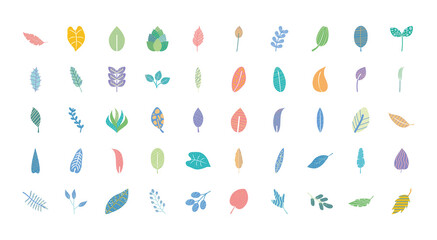 abstract tropical leaves icon set, flat style