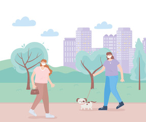 people with medical face mask, women walking with pets dog, city activity during coronavirus
