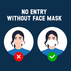 No entry without a face mask. Businesswoman vector illustration of forbidden entry if not wearing a face mask and keep distancing in COVID 19 pandemic. 