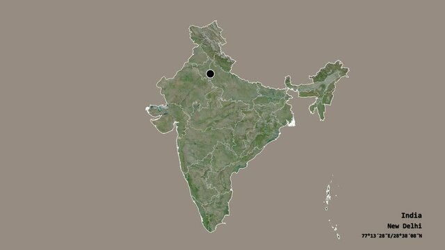 Sikkim, state of India, with its capital, localized, outlined and zoomed with informative overlays on a satellite map in the Stereographic projection. Animation 3D
