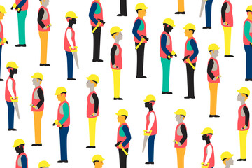 Construction workers seamless pattern on transparent background. Workers with various building tools.