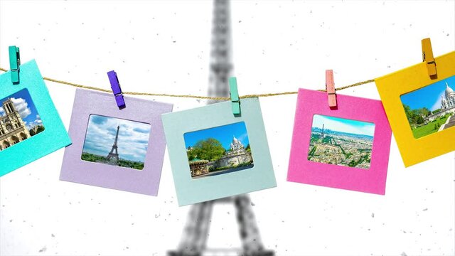 Creative slow motion parallax video of the main sights of Paris in summer in funny frames on a rope with clothespins against the backdrop of the panorama of Paris with the Eiffel Tower in winter.