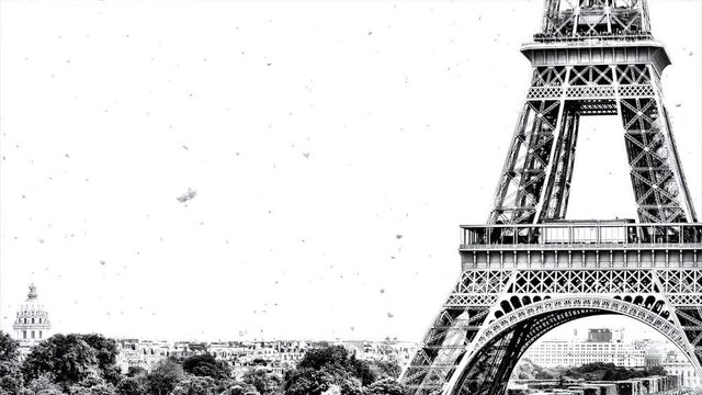 Black and white parallax video of the panorama of Paris with the Eiffel Tower in winter with beautiful and slow falling snow.