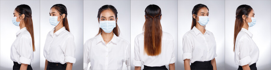 Asian Woman portrait rear side back view turn 360 protective face mask