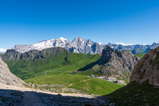 Marmolada massif, Dolomiti, Itay. Beautiful view over the Marmolada glacier and Pordoi Pass from gruppo Sella and Piz Boe peak