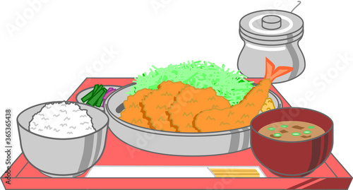 トレーにのった一口とんかつ一口ひれかつとエビフライの定食味噌汁と漬物セットのイラスト Wall Mural Mitiko