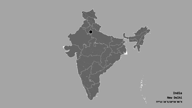 Uttar Pradesh, state of India, with its capital, localized, outlined and zoomed with informative overlays on a bilevel map in the Stereographic projection. Animation 3D