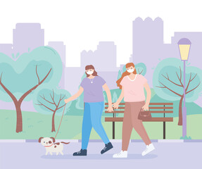 people with medical face mask, women walking with dog park urban scene, city activity during coronavirus