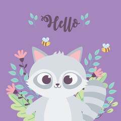 cute raccoon bees animal flowers branch inspirational phrase cartoon