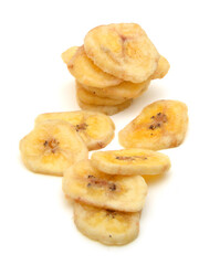 Banana chips on white background