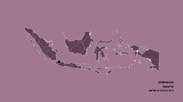 Bali, province of Indonesia, with its capital, localized, outlined and zoomed with informative overlays on a administrative map in the Stereographic projection. Animation 3D