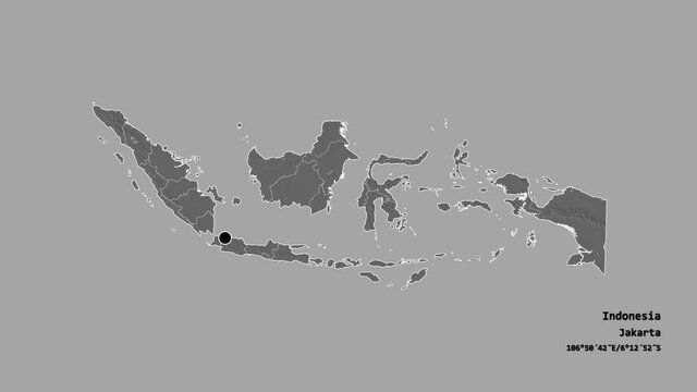 Bali, province of Indonesia, with its capital, localized, outlined and zoomed with informative overlays on a bilevel map in the Stereographic projection. Animation 3D
