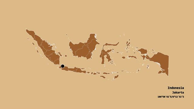 Bangka-Belitung, province of Indonesia, with its capital, localized, outlined and zoomed with informative overlays on a solid patterned map in the Stereographic projection. Animation 3D