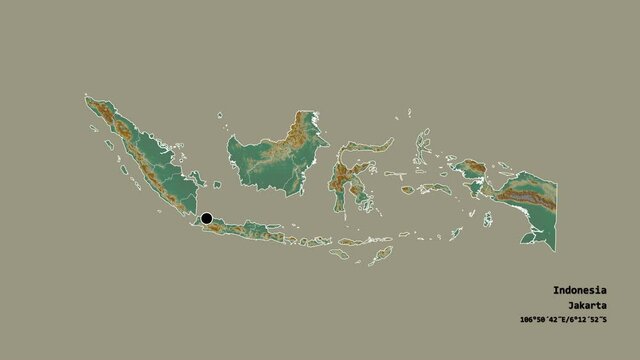 Bangka-Belitung, province of Indonesia, with its capital, localized, outlined and zoomed with informative overlays on a relief map in the Stereographic projection. Animation 3D