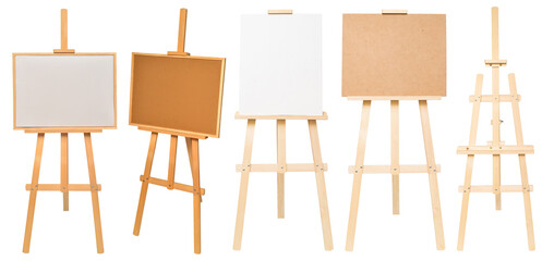 Collection easel empty for drawing isolated on white background. Vertical and horizontal paper sheets. Object, set. Wooden, mock up. Education, school, artist. Creative concept and idea of art