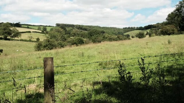 A view over the English Countryside with green valleys and a family of sheep grazing in the background