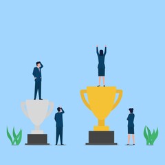 Business woman stand above gold trophy metaphor of success and gender issue. Business flat vector concept illustration.