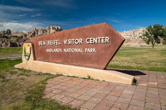 Scenic, South Dakota - June 21, 2020: Sign For The Ben Reifel Visitor Center In Badlands National Park In Summer