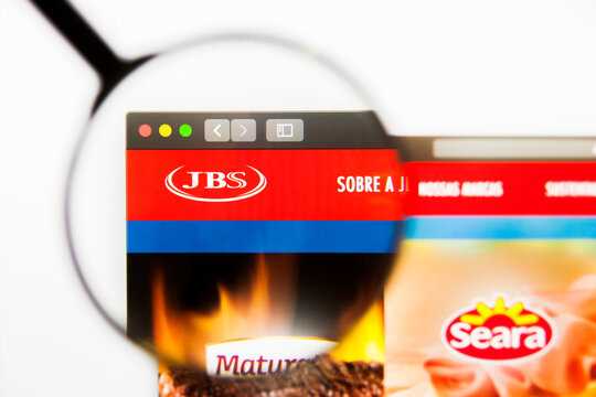 Los Angeles, California, USA - 13 March 2019: Illustrative Editorial, JBS website homepage. JBS logo visible on display screen