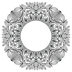 leaves and flowers in folk style drawn on a white background for coloring, vector