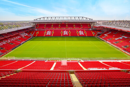 Liverpool, United Kingdom - May 17 2018: Anfield stadium, the home ground of Liverpool FC which has a seating capacity of 54,074 making it the sixth largest football stadium in England