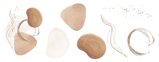 Abstract Arrangements. Elements, textures. Posters. Terracotta, blush, pink, ivory, beige watercolor Illustration and gold elements, on white background. Modern print set. Wall art. Business card.