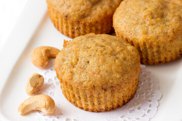 Homemade carrot cashew muffins for breakfast.