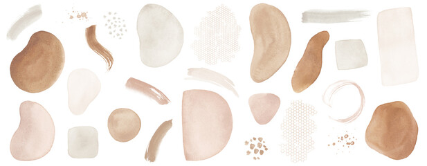 Abstract Arrangements. Elements, textures. Posters. Terracotta, blush, pink, ivory, beige watercolor Illustration and gold elements, on white background. Modern print set. Wall art. Business card.