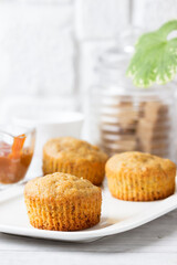 Obraz na płótnie Canvas Homemade muffins and caramel for breakfast.