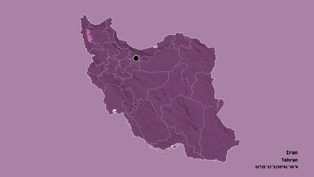 Hormozgan, province of Iran, with its capital, localized, outlined and zoomed with informative overlays on a administrative map in the Stereographic projection. Animation 3D
