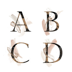 Abstract Textured Gold & Dark Alphabet set - letters A, B, C, D. Blush, beige collection for wedding invites decoration, posters, wallpapers, cards, birthdays & other concept ideas.